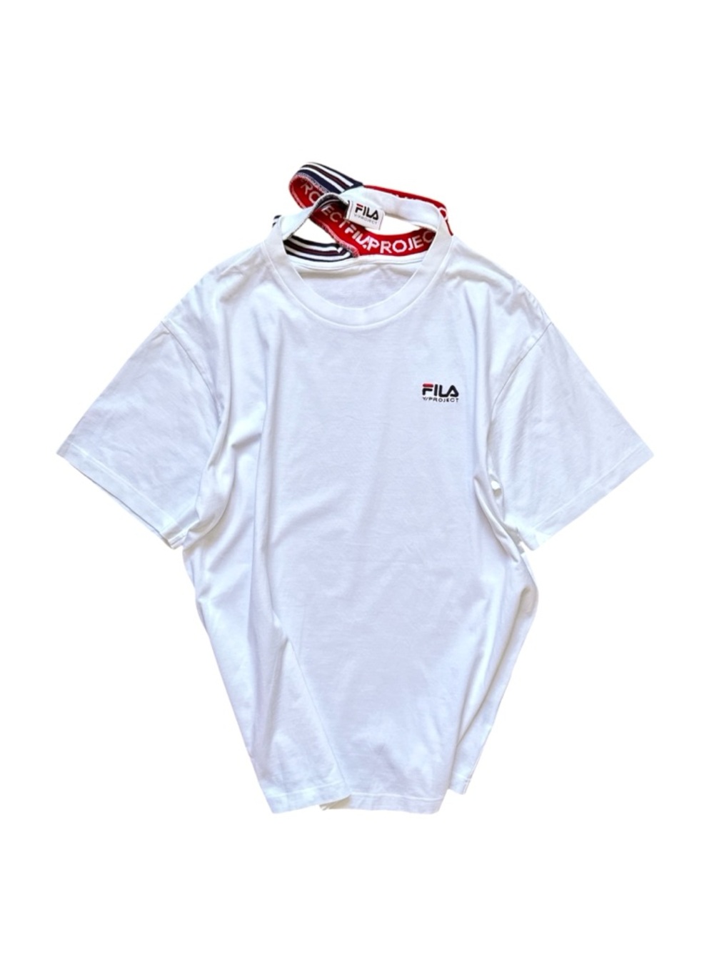 FILA Glenn Martens Unisex White Logo Tee Deconstructed Red Blue Trim Neck Band
